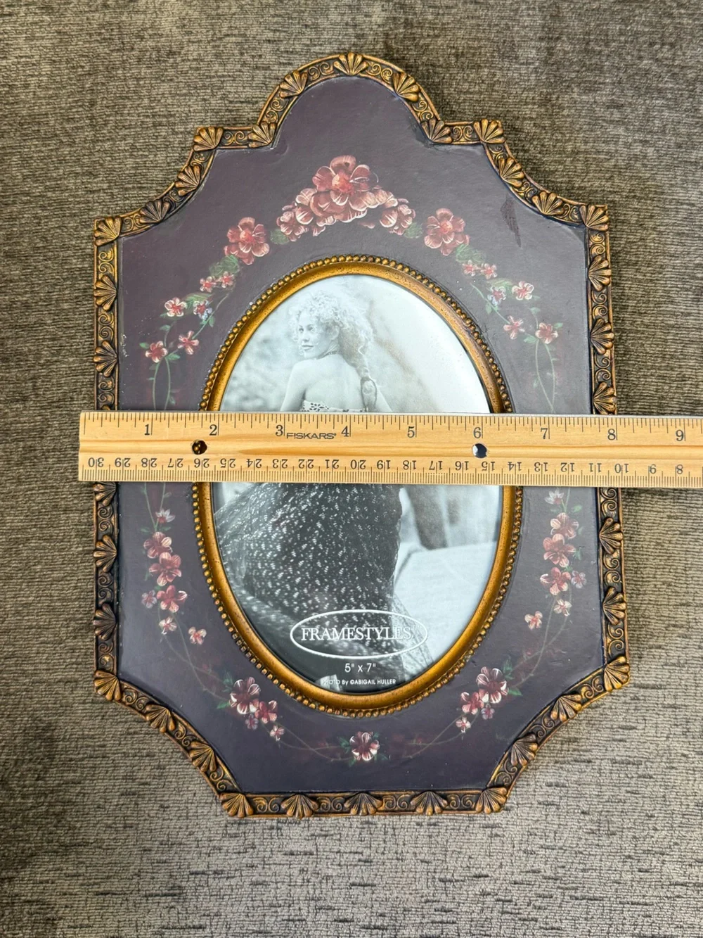 Vintage Painted Floral and Ornate Gold Trim Heavy Picture Frame.